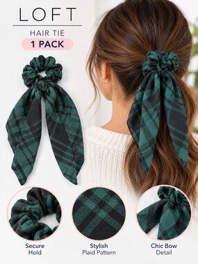 LOFT Secure Hold Hair Tie Green Black Plaid Hair Accessory 1 Pack NWT
